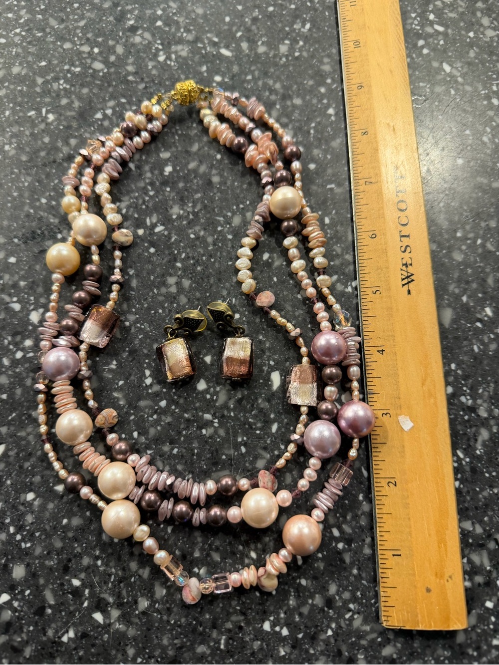 Multi-Strand Pearl & Bead Necklace with Matching Earrings - Pink Pearl